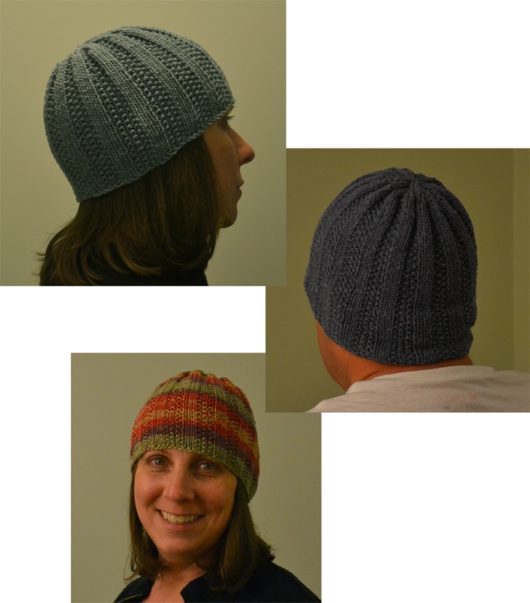 image of seeded rib hat knitted in three different sizes and yarn styles